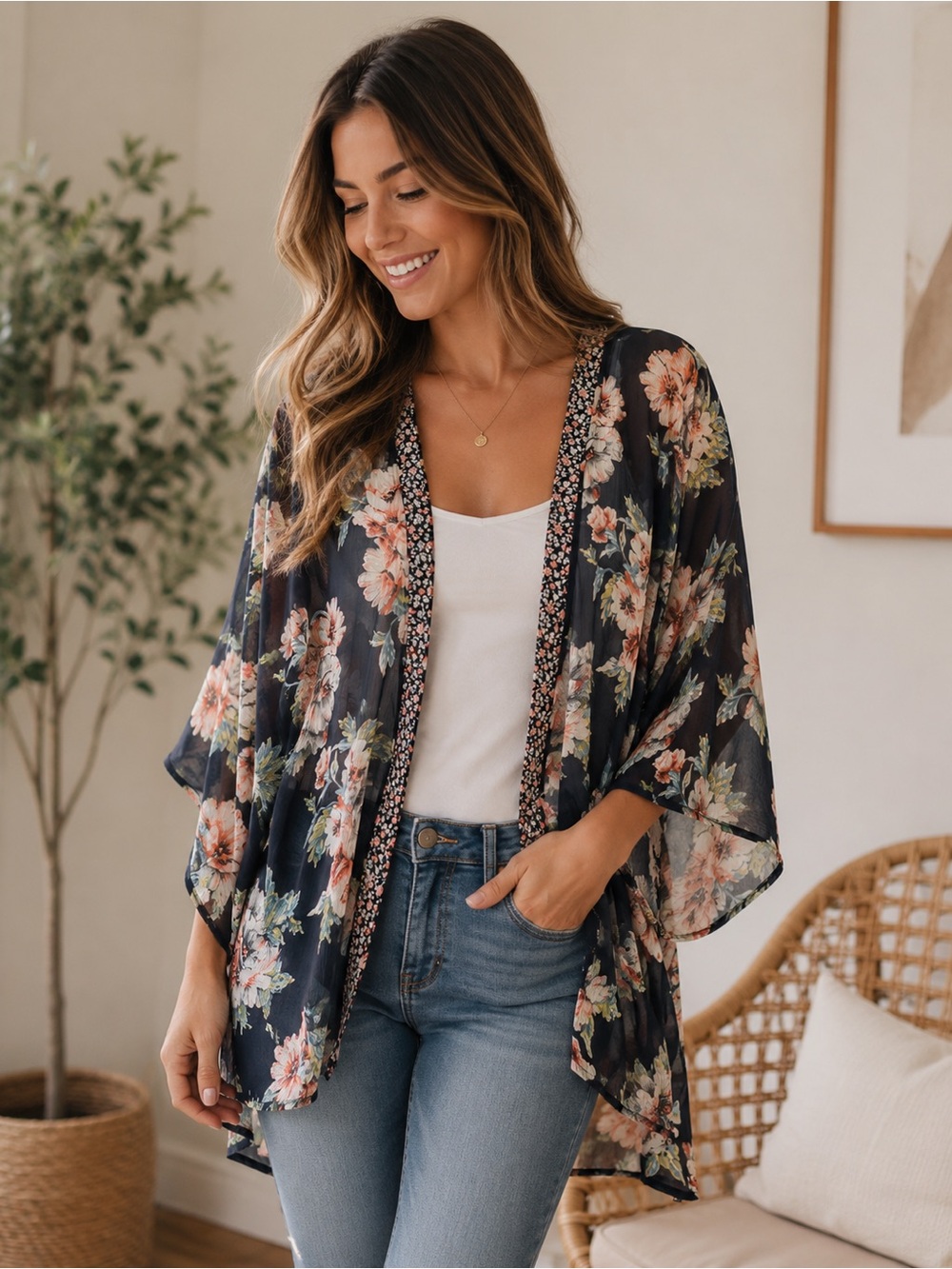 Band of Gypsies Women Size XS Navy Blue Floral Tunic Length Open Front Kimono